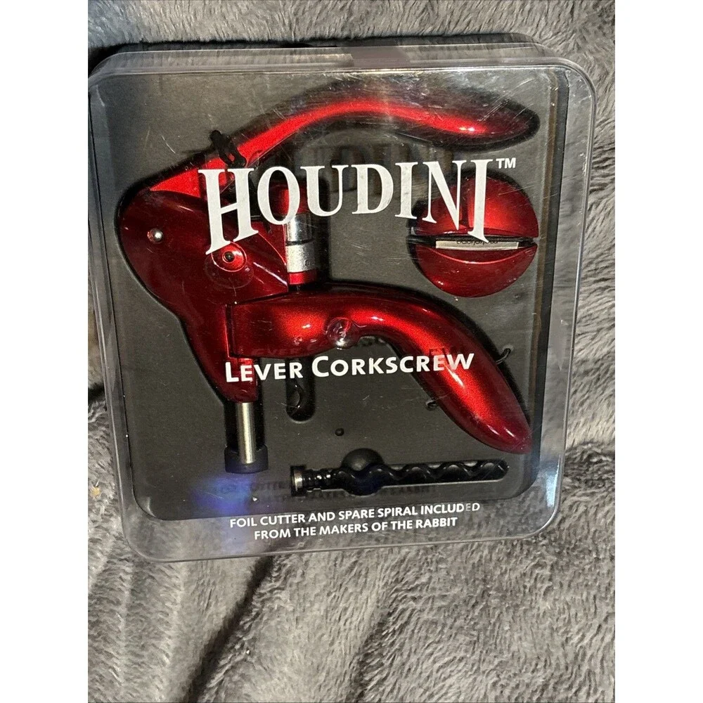 Houdini Red Lever Corkscrew 3-Piece Wine Opener Foil Cutter Spiral